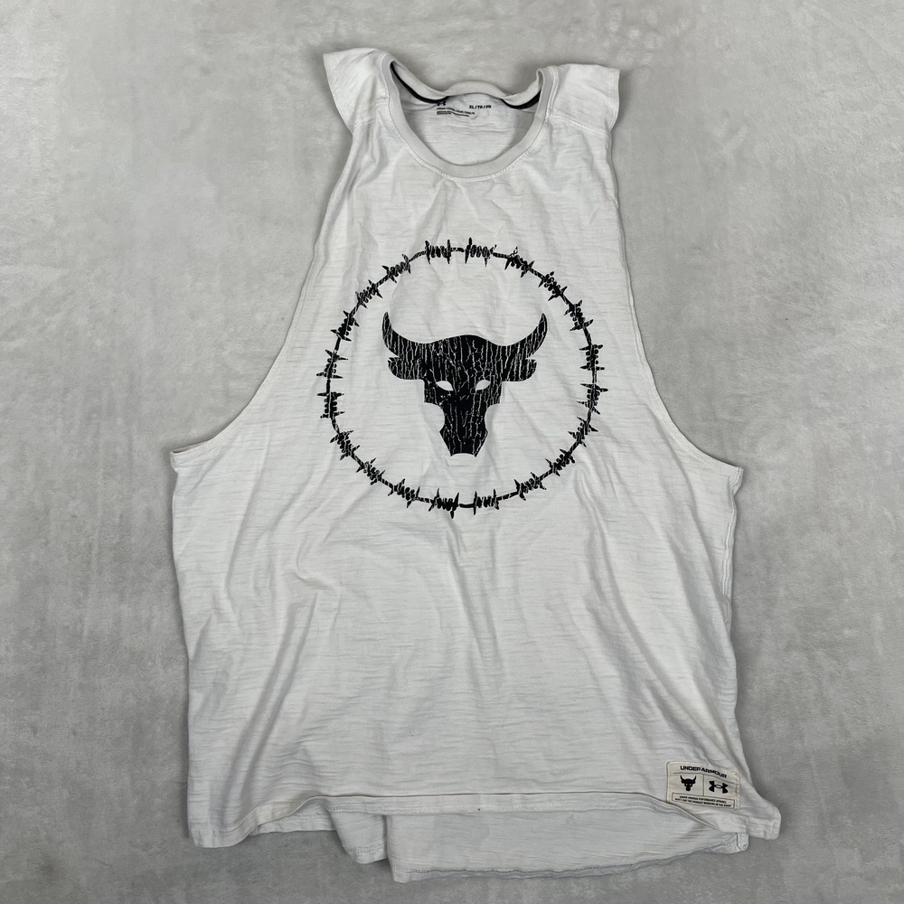 Under Armour Project Rock Tank Top Mens XL White Bull Logo Gym Training Athletic